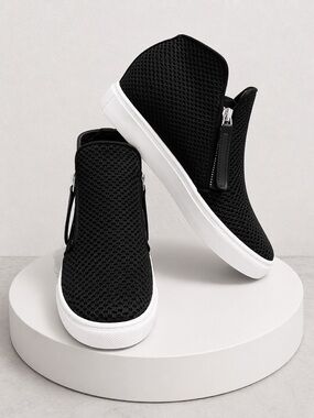 Steve Madden Hidden Wedge Sneakers Black Mesh High Top Double Zip Size 7
